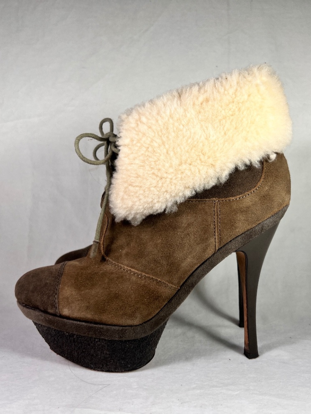 L.A.M.B. Suede Shearling lined Platform ankle boots brownish olive green US 8.5
